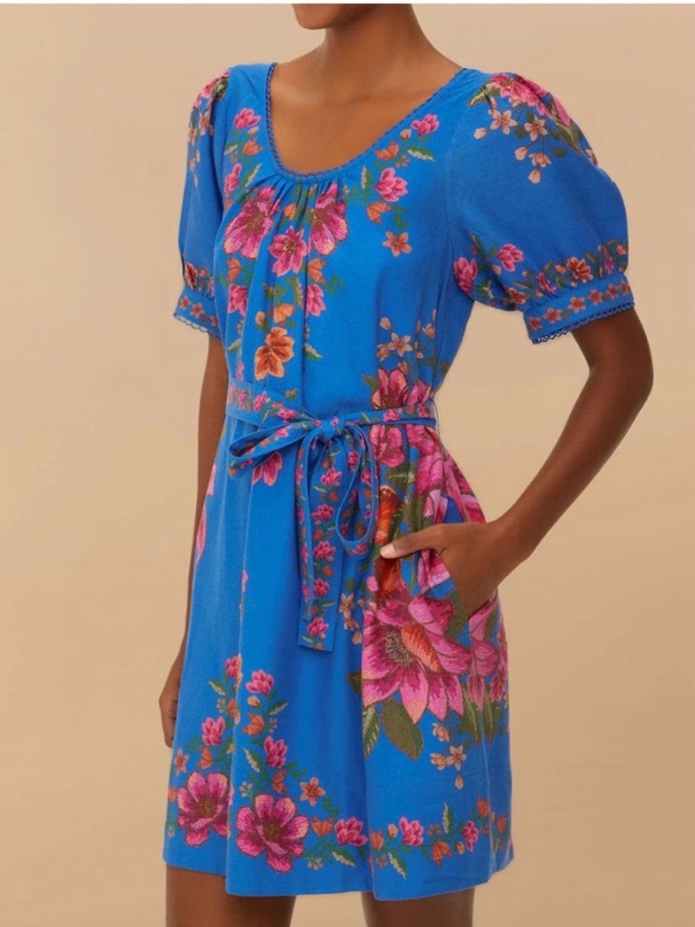 FARM Rio Blue Floral Tie-Waist Mini Dress
